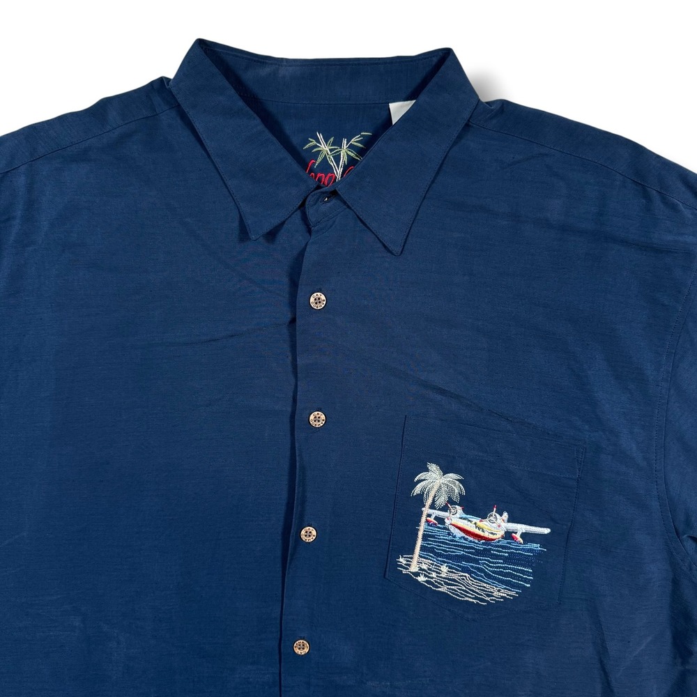 Bamboo Cay Camp Shirt Mens XXL Blue Catch of the Day Seaplane Embroidered